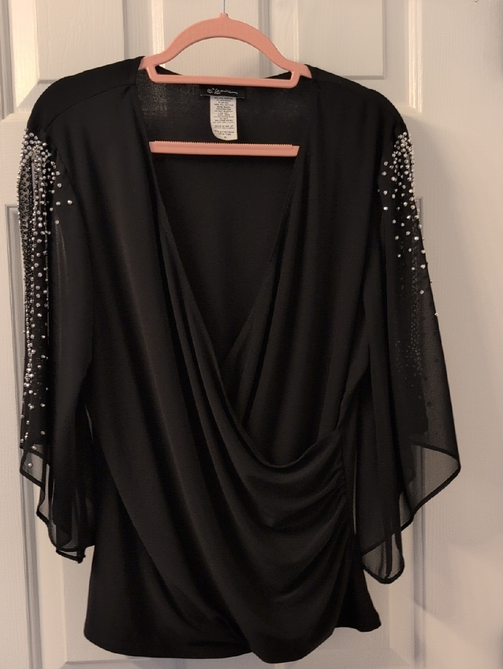 Black Draped Blouse with Pearl-Studded Sheer Sleeves